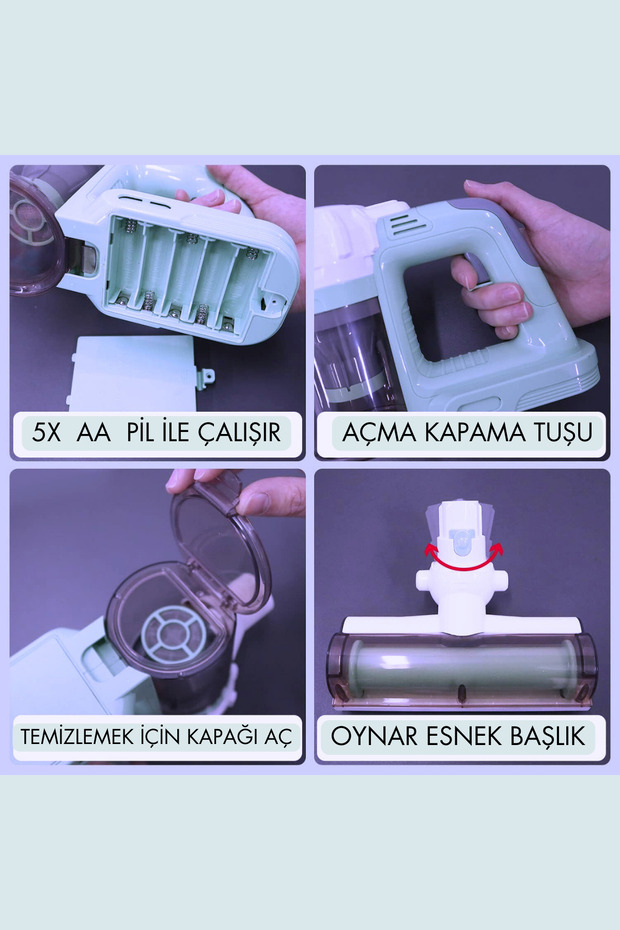 Oyuncak Süpürge Dikey Süpürge Seti 3 Başlıklı Pilli - 6