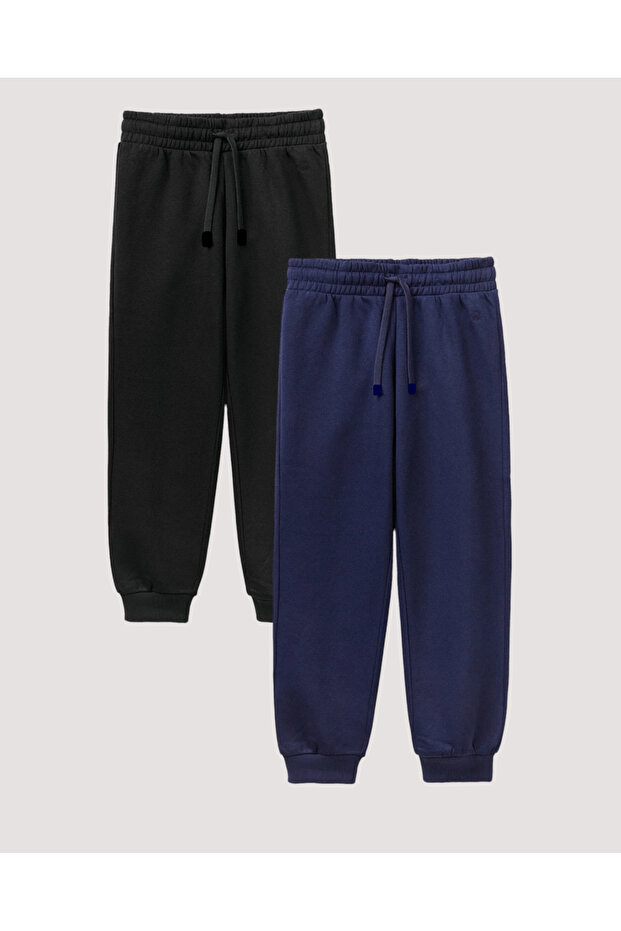 Unisex Double Pocket Organic Cotton Fabric Jogger Black-Navy Blue Children's Sweatpants