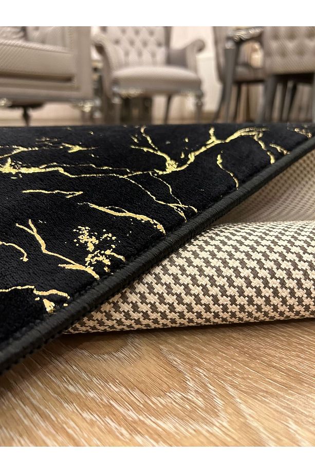 Bambu Simli Kaymaz Tabanlı Dekoratif Salon Mutfak Ve Yolluk Halısı Siyah Gold - 3