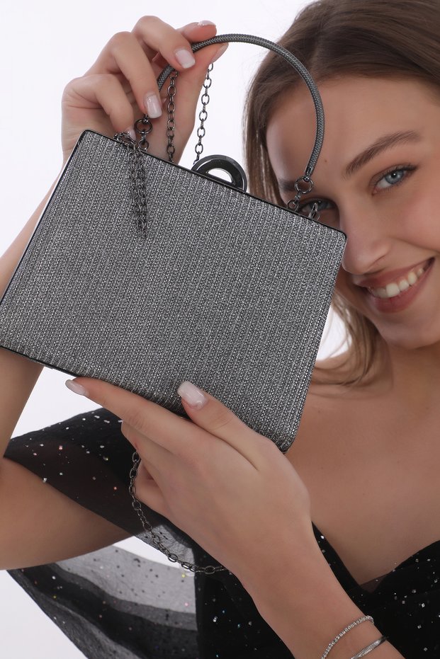 Platinum Color Breast Patterned Eye-Catching Evening Dress Portfolio Clutch Women's Bag New Season