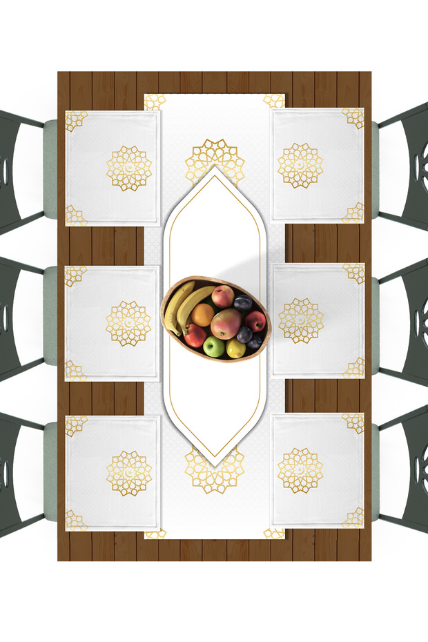 مفرش طاولة رمضاني + 6 قطع من مفارش التقديم / طقم طاولة، مصنوع من قماش خلية العسل الدقيقة، مقاوم للبقع وقابل للغسل