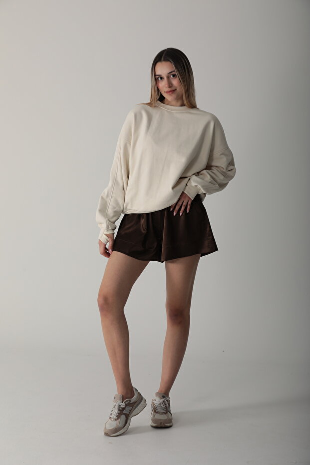 Ekru Basic Parmak Geçirmeli Sweatshirt - 4