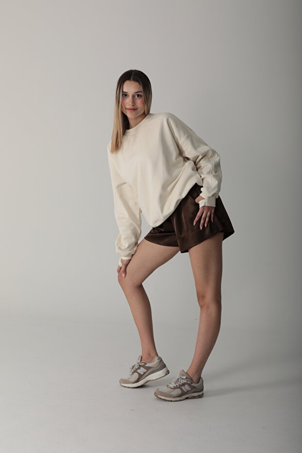 Ekru Basic Parmak Geçirmeli Sweatshirt - 6