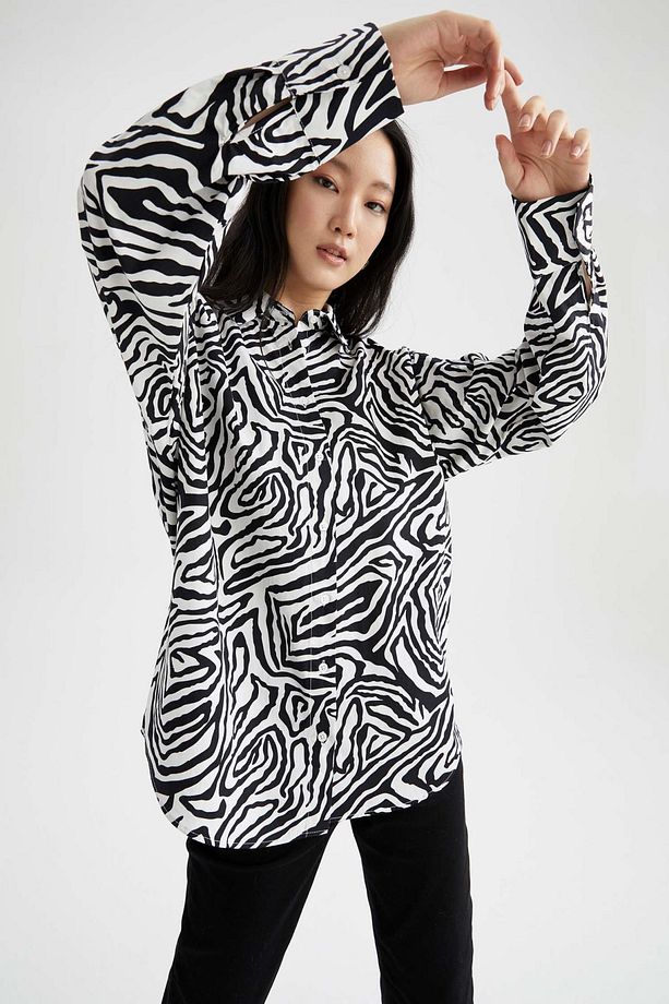 Oversize Fit Zebra Desenli Uzun Kollu Poplin %100 Pamuk Gömlek W7702az22sm - 1