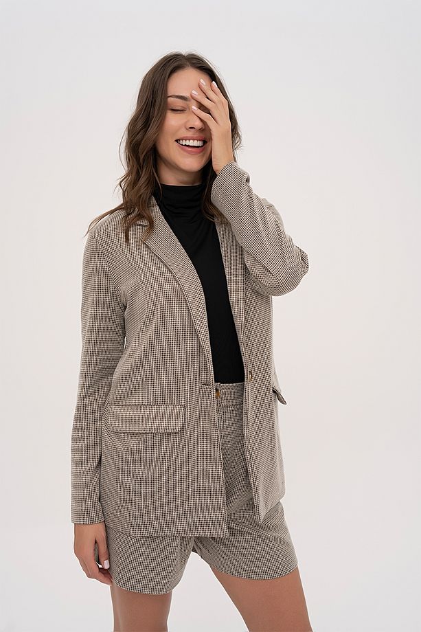 Kazayağı Desenli Tek Düğmeli Blazer Ceket - 1