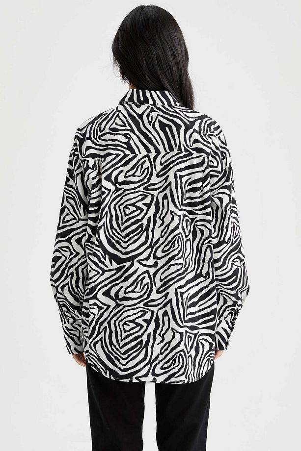 Oversize Fit Zebra Desenli Uzun Kollu Poplin %100 Pamuk Gömlek W7702az22sm - 6