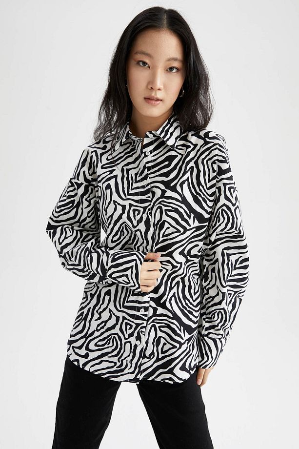 Oversize Fit Zebra Desenli Uzun Kollu Poplin %100 Pamuk Gömlek W7702az22sm - 3