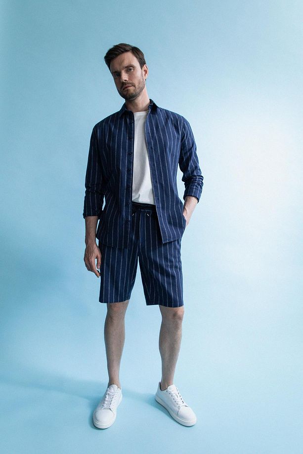 Regular Fit Keten Karışımlı Çizgili Bermuda Şort - 2