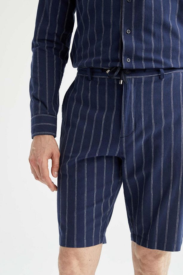 Regular Fit Keten Karışımlı Çizgili Bermuda Şort - 7