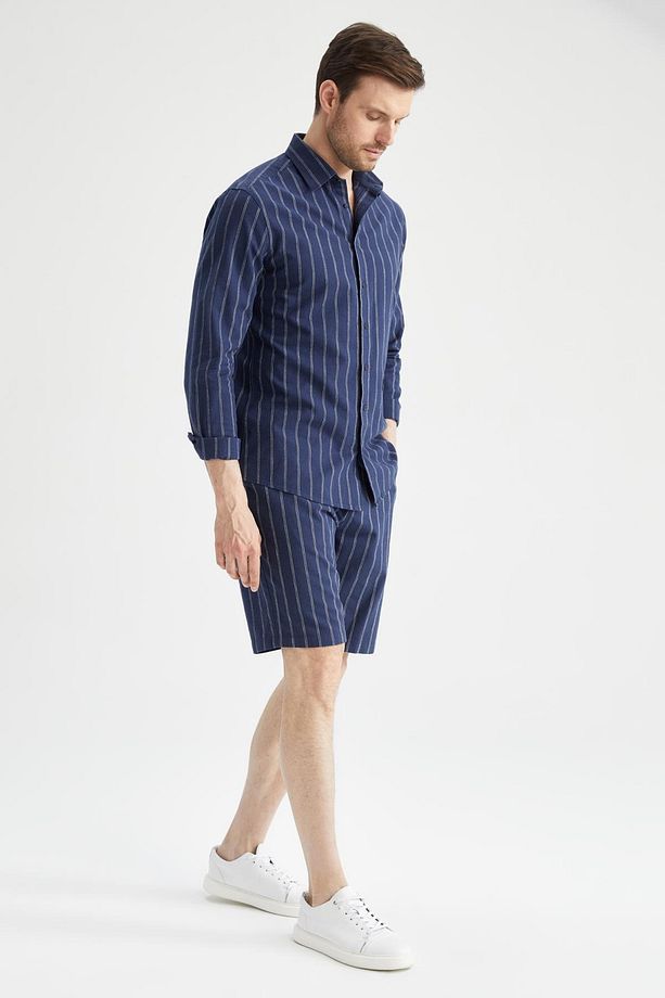 Regular Fit Keten Karışımlı Çizgili Bermuda Şort - 3