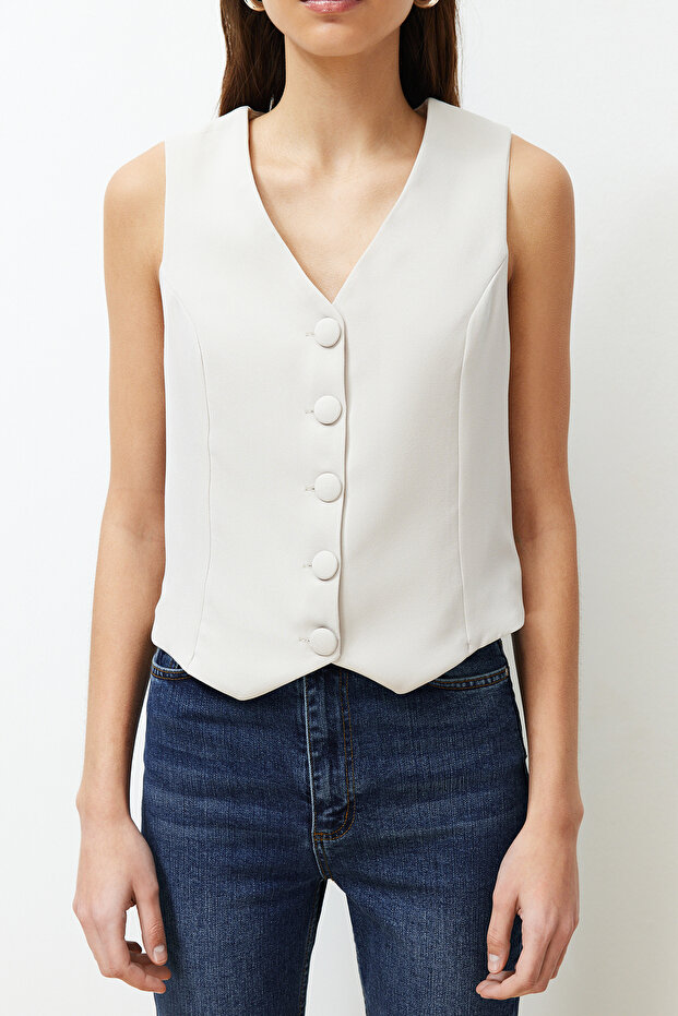 Bej Fitted Fitted Düğmeli Crop Dokuma Yelek TWOSS21YE0009 - 5