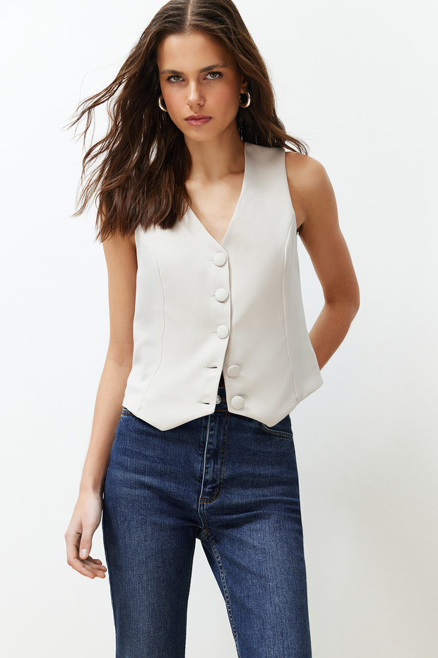 Bej Fitted Fitted Düğmeli Crop Dokuma Yelek TWOSS21YE0009 - 1