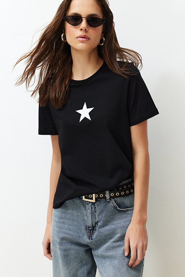Siyah %100 Pamuk Yıldız Baskılı Regular/Normal Kalıp Bisiklet Yaka Örme T-Shirt TWOSS24TS00095 - 2