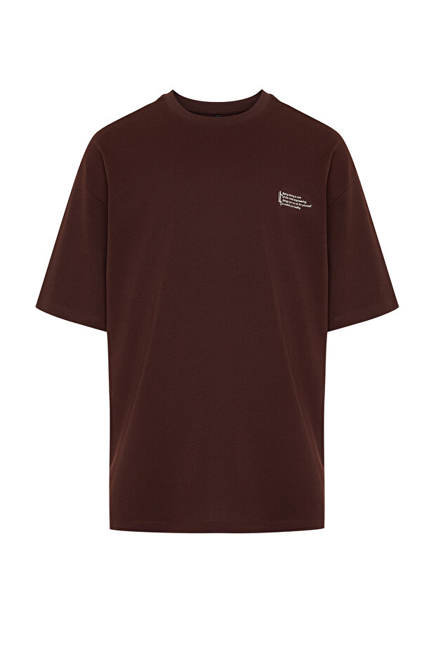Oversize hnědé bavlněné tričko - Minimal TextT Print, TMNSS23TS00084 - 7
