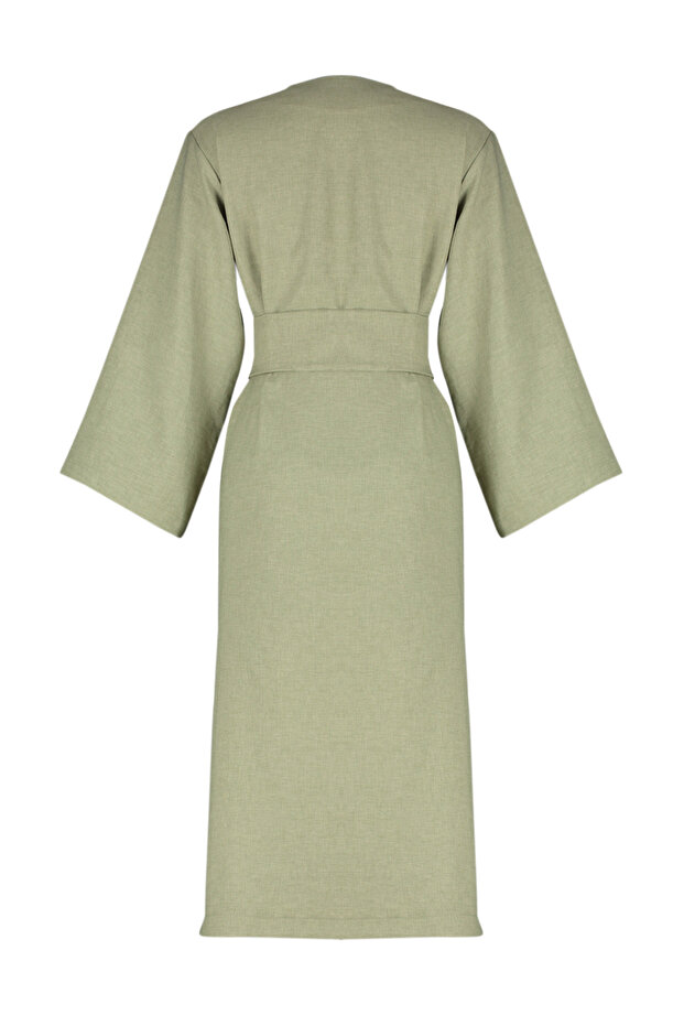 Haki Beli Bağlama Detaylı Keten Görünümlü Dokuma Kimono & Kaftan TCTSS24KK00001 - 13