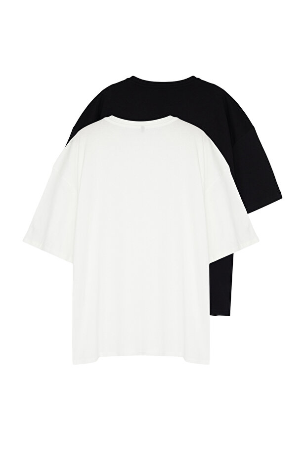 Büyük Beden Siyah-Ekru Oversize 2'li Paket %100 Pamuklu T-Shirt TMNSS24BF00042 - 7