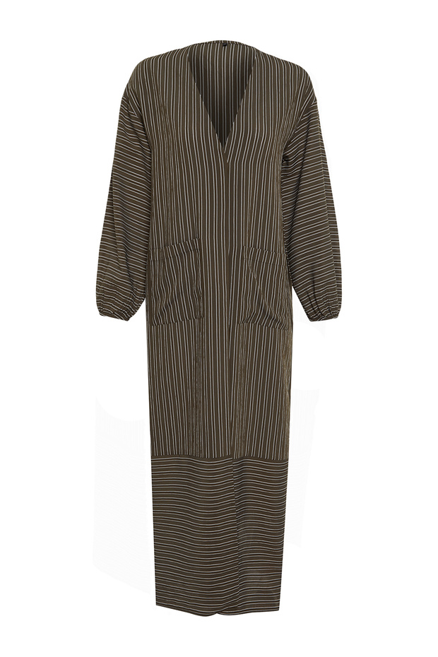 Haki Uzun Keten Görünümlü Çizgili Dokuma Kap & Ferace & Abaya TCTSS24KF00003 - 9