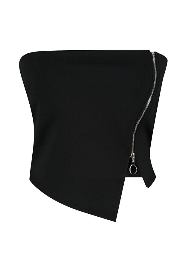 Siyah Fermuarlı Asimetrik Straplez Crop Örme Bluz TWOSS24BZ00071 - 7