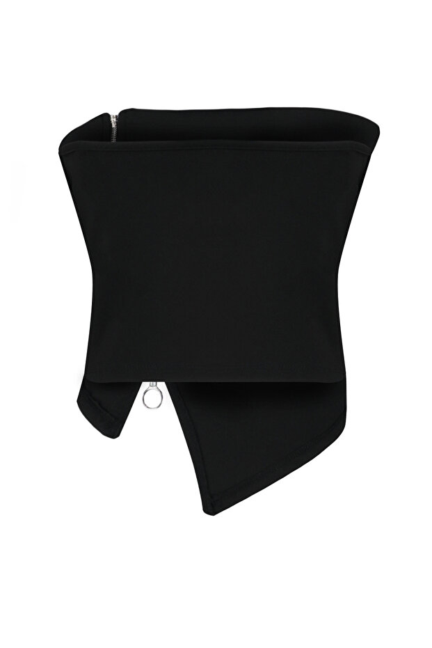 Siyah Fermuarlı Asimetrik Straplez Crop Örme Bluz TWOSS24BZ00071 - 8