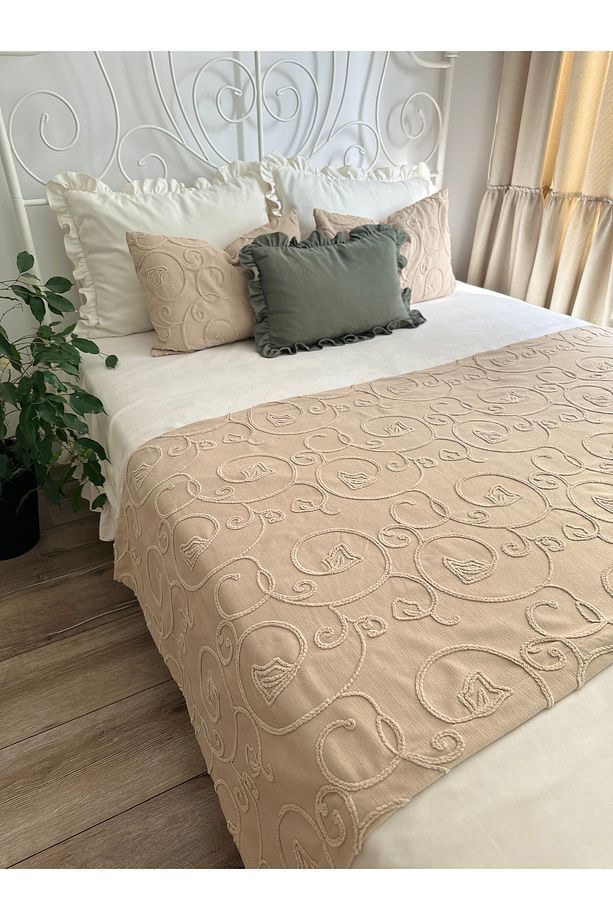 Bej Nakış İşlemeli Yatak Runner Set Çift Kişilik Bohem Yatak Örtüsü - 4