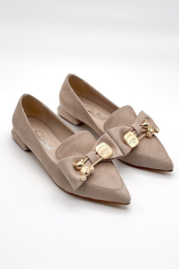 Wink Beige Suede Ribbon Buckle Detailed Women's Ballerinas