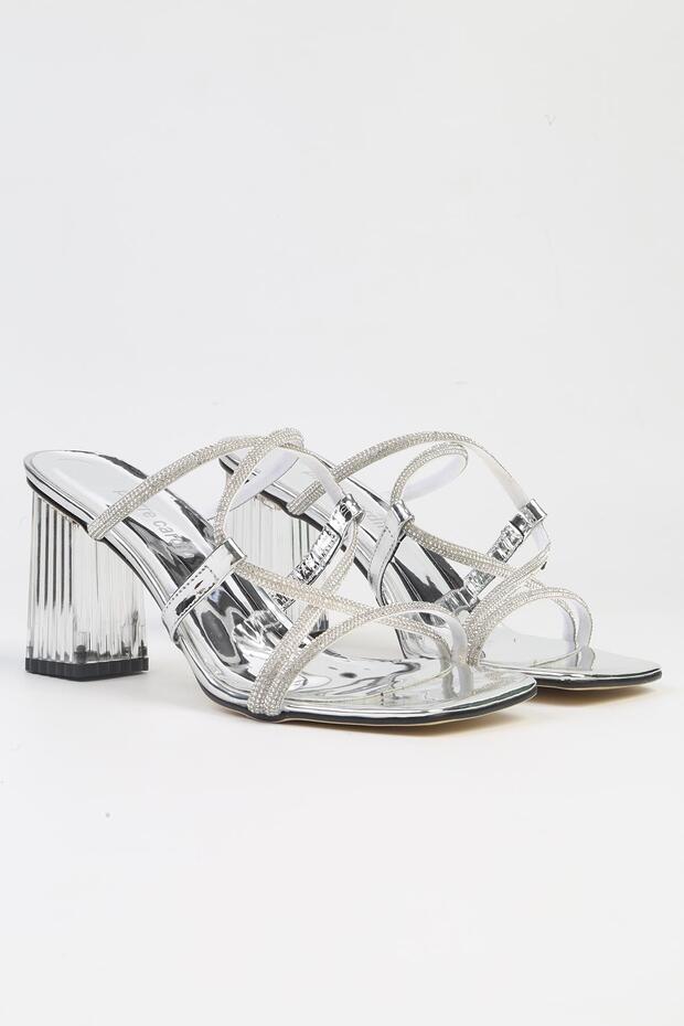 ®| PC-53042- 3478 silver mirror-Women's Stoned Transparent Heeled Slippers