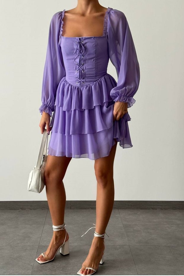 Women's Tulle Fabric Lacing Front Design Skirt Layered Transparent Sleeve Mini Lilac Evening Dress 082