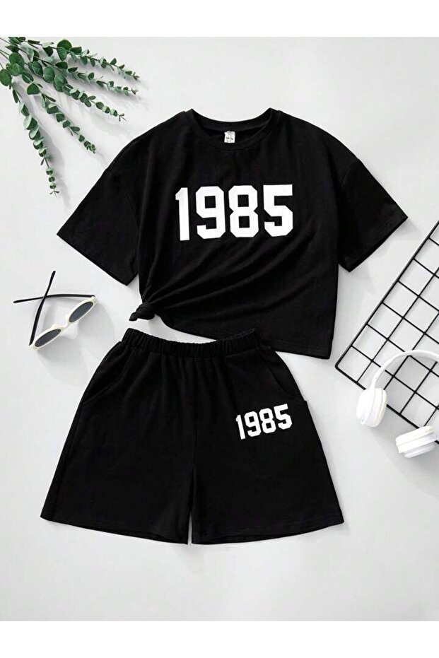 Children's 1985 Printed Top and Bottom Set Cotton Shorts T-Shirt Set