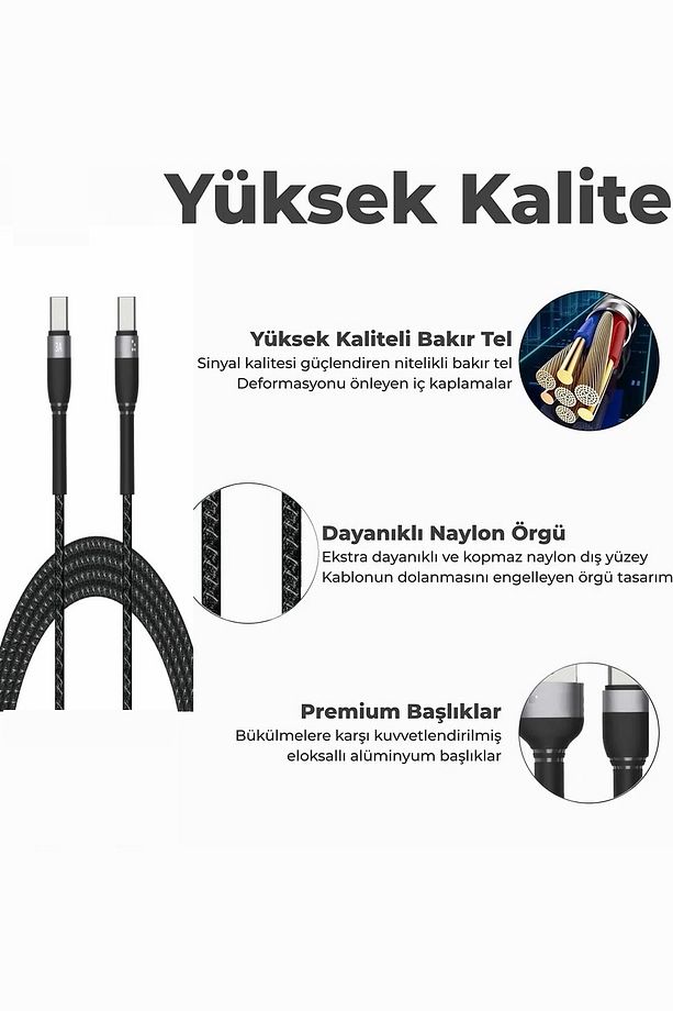 Type-c to Type-c Hızlı Şarj Alüminyum Alaşım Kırılmaz PVC Örgü Kaplama PD Kablo 2 Metre Uzunluk - 2
