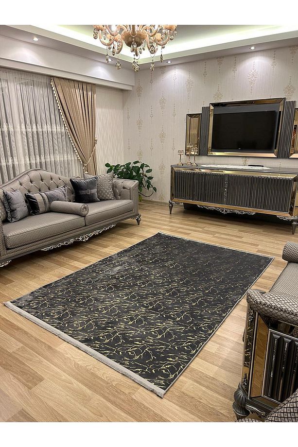 Bambu Simli Kaymaz Tabanlı Dekoratif Salon Mutfak Ve Yolluk Halısı Antrasit Gold - 1