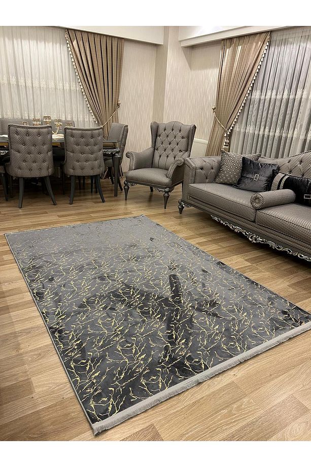 Bambu Simli Kaymaz Tabanlı Dekoratif Salon Mutfak Ve Yolluk Halısı Antrasit Gold - 2