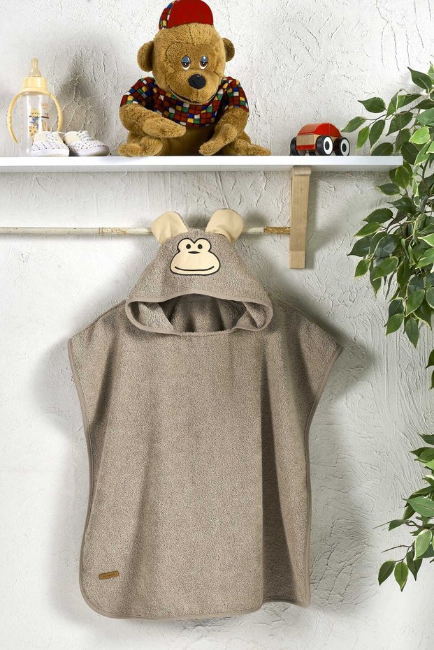 Poncho Children's Bathrobe Beach Towel Hooded (3-7 Years) Inner-Outer Surface 100% Cotton Brown Monkey