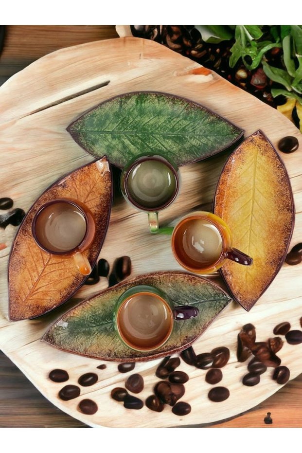 Decorative Walnut Leaf Figured Tea Coffee Cup Set in Green, Yellow and Coffee Colors for 4 People
