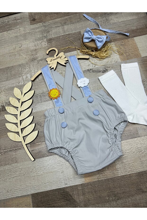Sun and cloud concept baby boy gray blue salopet bow tie socks set