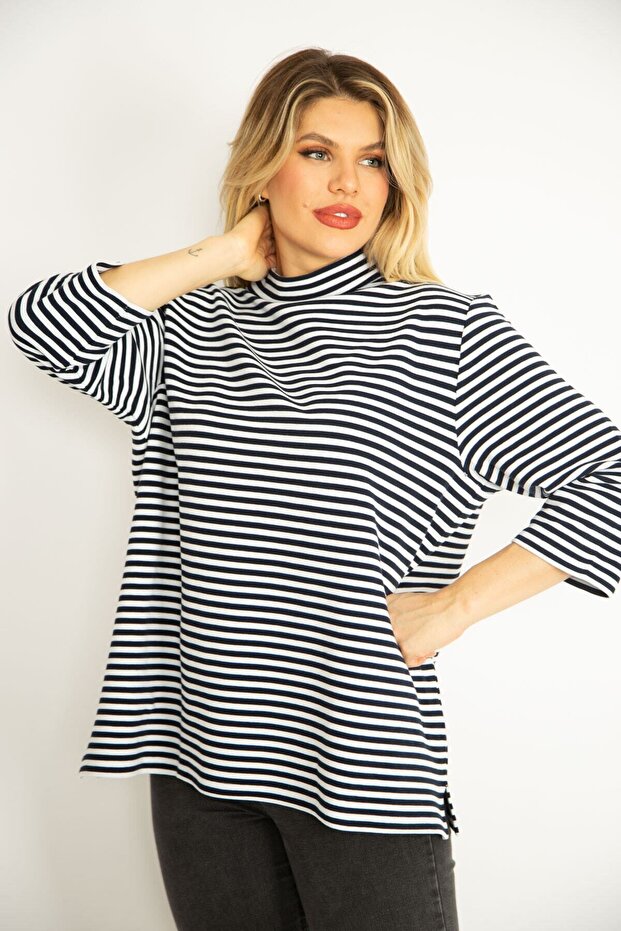 Women's Large Size Navy Blue Stand-Up Collar Striped Capri Sleeve Tunic 65n35063