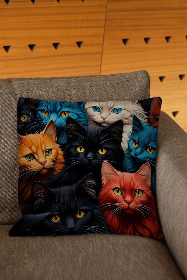 Cat Figured Street Themed Digital Printed Throw Pillow Cover in Pink Yellow Blue Colors