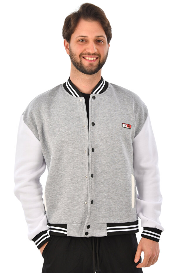 Men's Gray Three Thread Ribbed College Collar Coat Jacket2304775