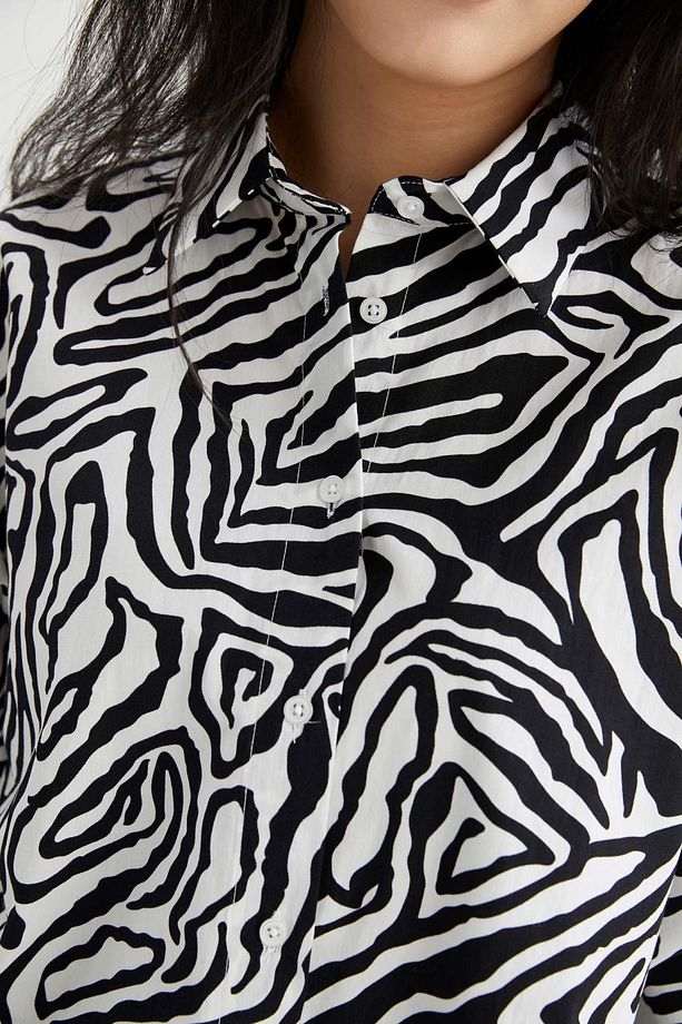 Oversize Fit Zebra Desenli Uzun Kollu Poplin %100 Pamuk Gömlek W7702az22sm - 5