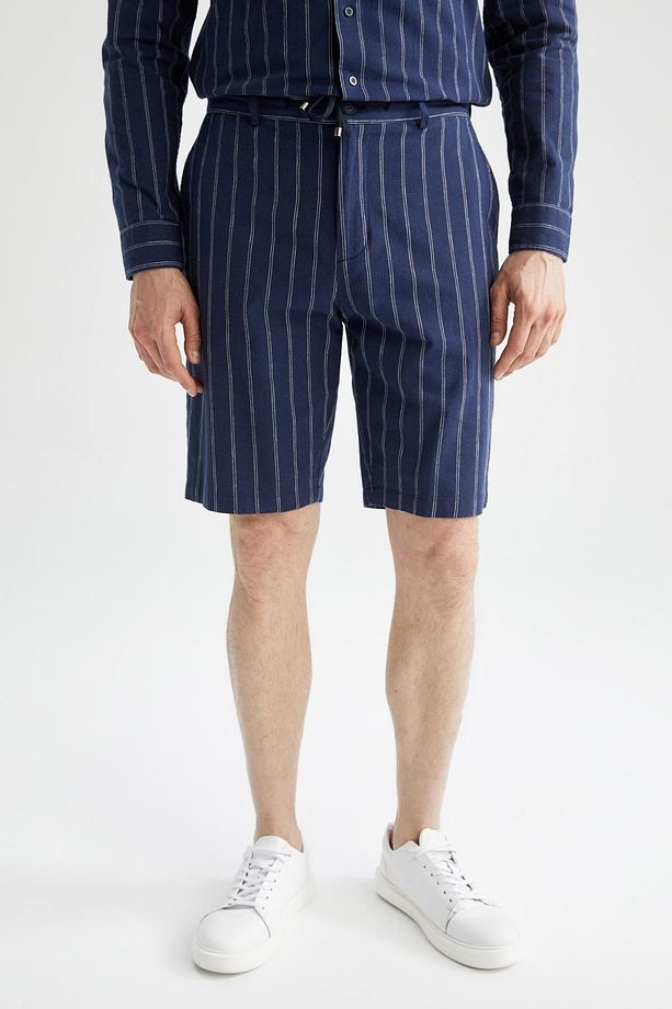 Regular Fit Keten Karışımlı Çizgili Bermuda Şort - 6