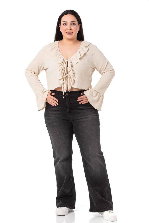 Plus Size Collar and Sleeve Ruffle Detailed Tied Beige Bolero