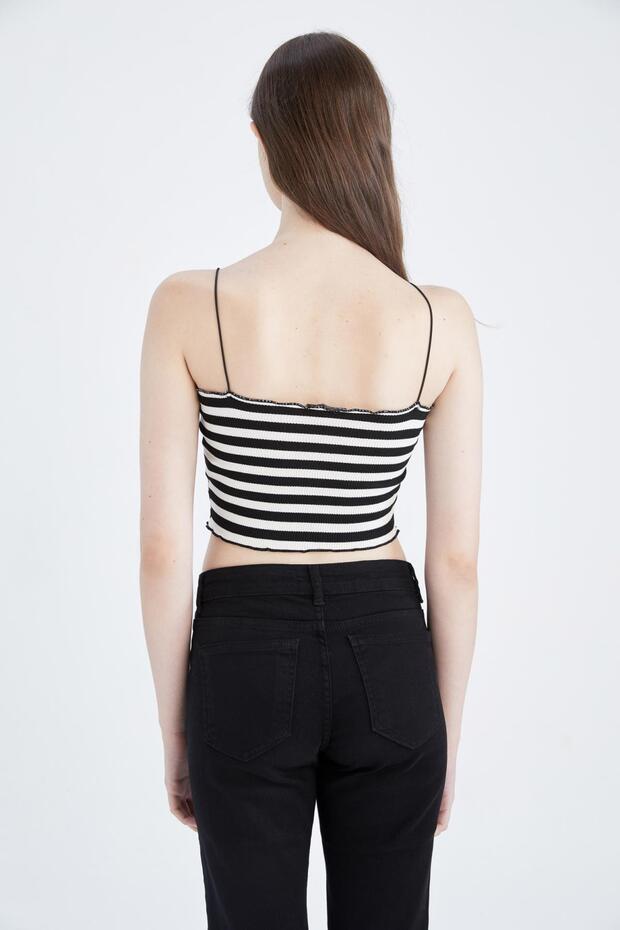 Cool Fitted Striped Waffle Crop Undershirt with String Straps - 4