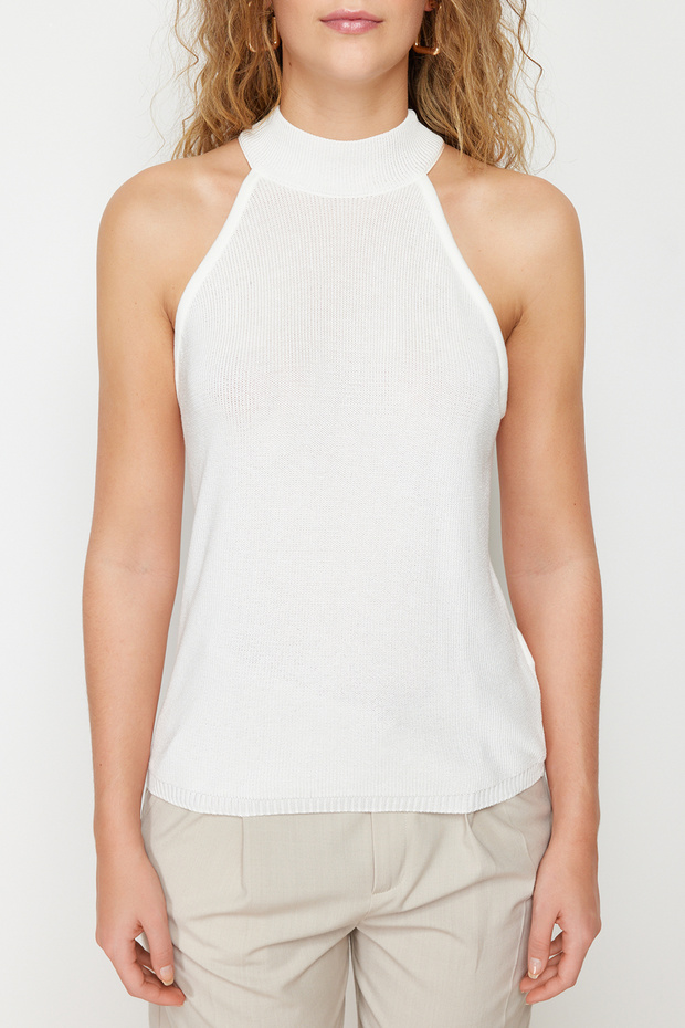 Ekru Halter Yaka Basic Triko Bluz TWOSS24BZ00150 - 4