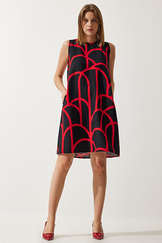 Women's Black Red Patterned Summer Bell Dress BV00053