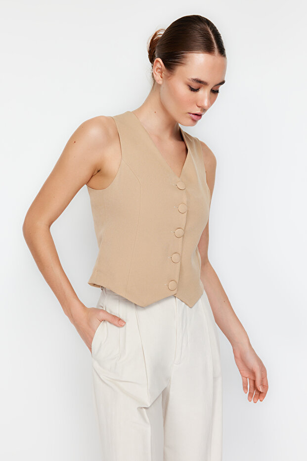 Vizon Fitted Düğmeli Crop Dokuma Yelek TWOSS21YE0009 - 2