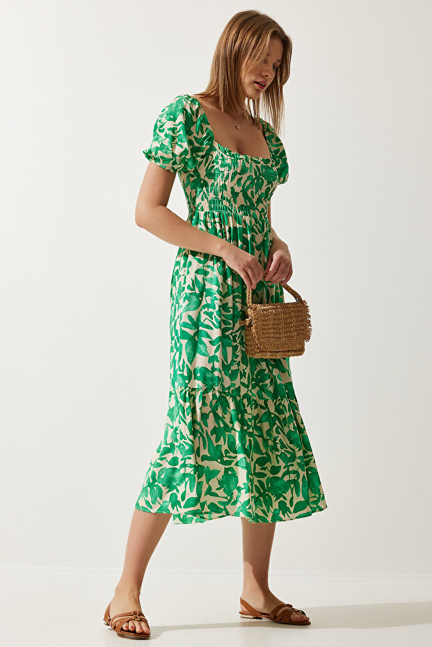 Women's Green Floral Patterned Summer Viscose Dress CI00079