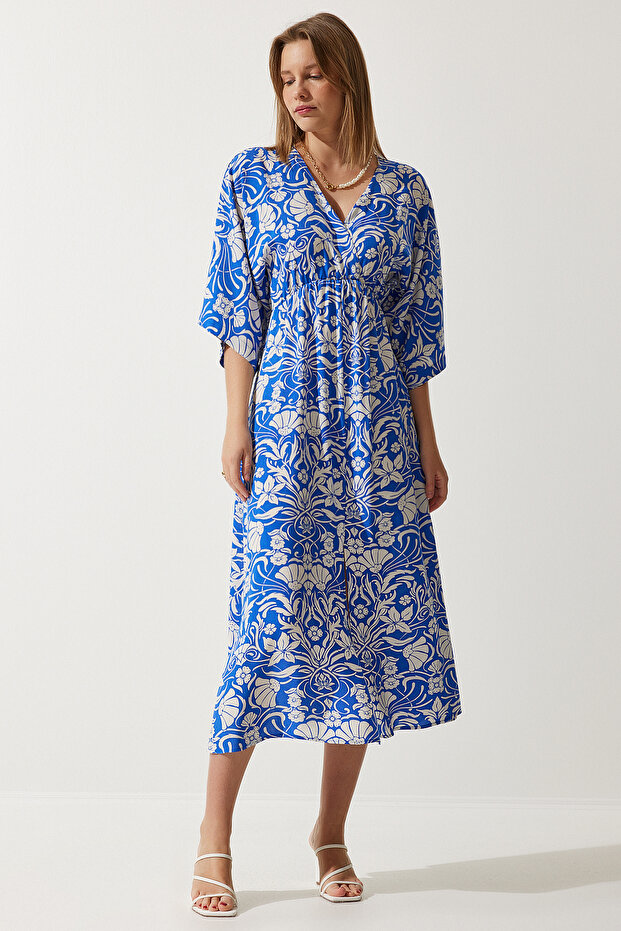 Women's Blue White Wraped Collar Patterned Summer Viscose Dress DK00166