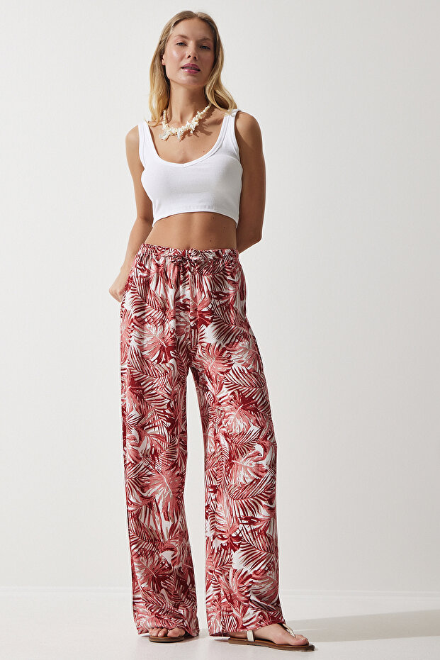 Women's Peach Patterned Flowing Viscose Palazzo Trousers EN00606