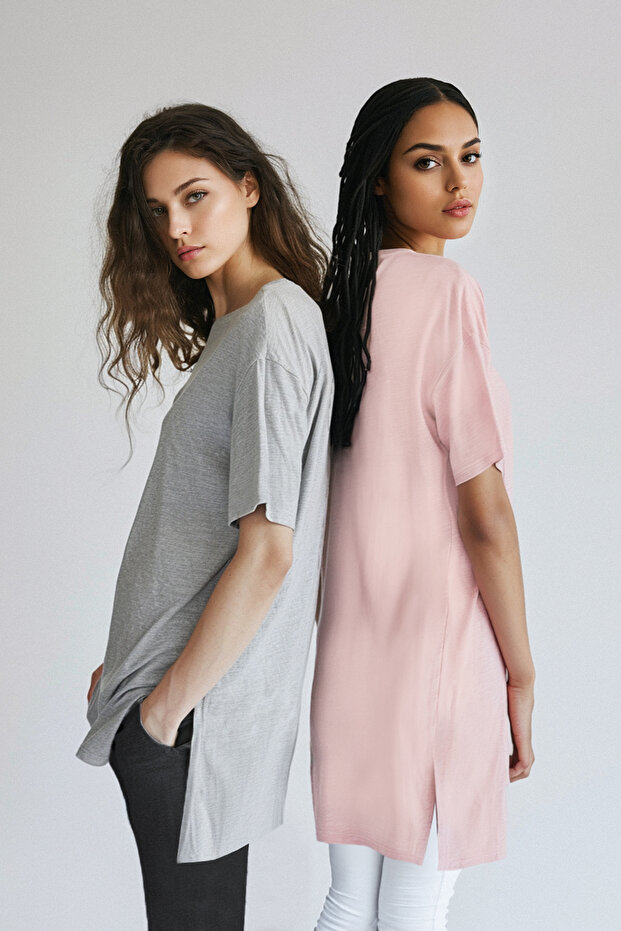 Gri-Pembe 2'li Paket Yırtmaç Detaylı Bisiklet Yaka Kısa Kollu Basic Örme İçlik T-Shirt TCTSS21UK0009 - 1