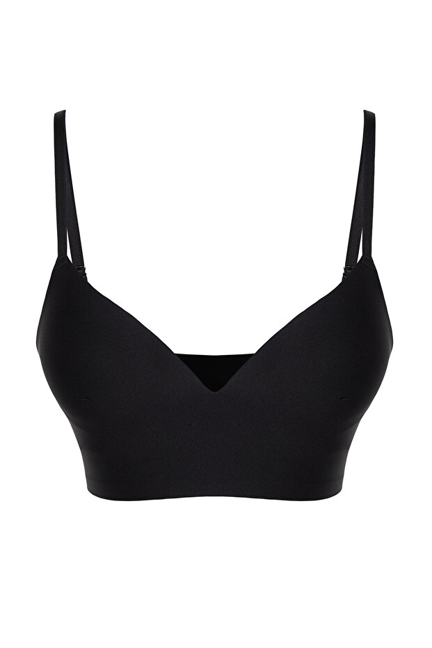 Siyah Micro İp Askılı Balensiz Dolgulu/Push-Up Bralette Örme Sütyen THMSS24SU00024 - 8