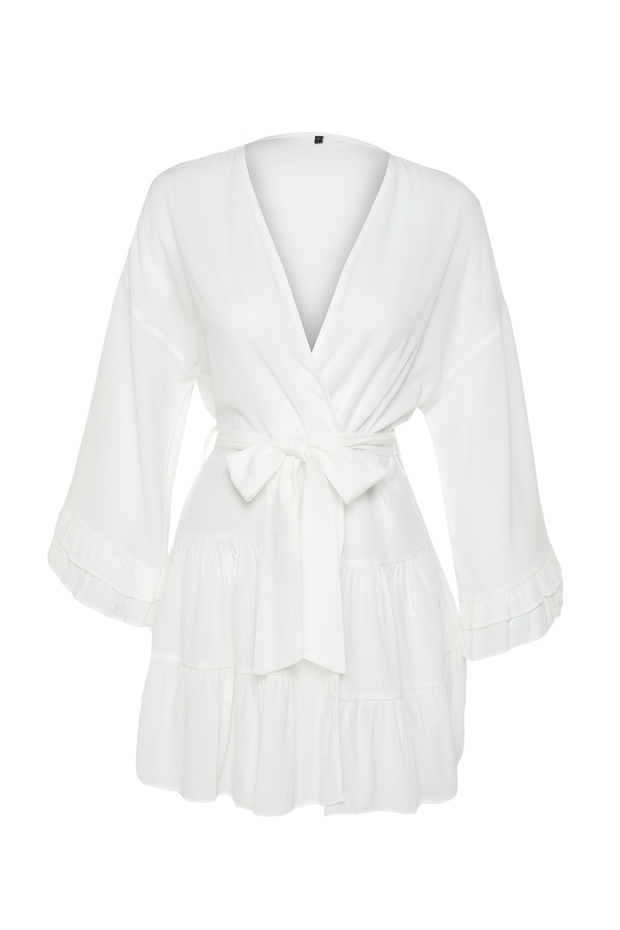 Plaj Giyim Beyaz Dokuma Fırfırlı Kuşaklı Mini Kimono&Kaftan TBESS24KM00032 - 7
